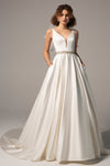 A-line V-neck Satin Applique Button Closure Beaded Pocketed Sleeveless Wedding Dress with a Chapel Train