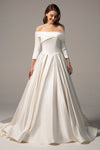 Long Sleeves Off the Shoulder Satin Button Closure Pocketed Wedding Dress with a Chapel Train