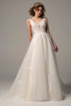 A-line V-neck Sleeveless Tulle Applique Beaded Wedding Dress with a Court Train