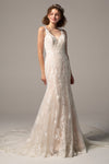 V-neck Sleeveless Mermaid Applique Button Closure Beaded Tulle Wedding Dress with a Cathedral Train