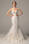 Tulle Beaded Mermaid Sleeveless Spaghetti Strap Wedding Dress with a Cathedral Train