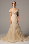Off the Shoulder Sleeveless Tulle Mermaid Applique Beaded Wedding Dress with a Court Train