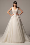A-line V-neck Tulle Sleeveless Beaded Button Closure Applique Wedding Dress with a Chapel Train