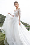 Beaded Applique Long Sleeves Off the Shoulder Wedding Dress with a Cathedral Train