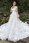 A-line Beaded Applique Bateau Neck Cap Sleeves Wedding Dress with a Cathedral Train