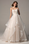 A-line Sleeveless Sweetheart Tulle Applique Beaded Button Closure Wedding Dress with a Court Train