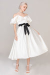 A-line Satin Tea Length Short Sleeves Sleeves Off the Shoulder Wedding Dress With a Sash