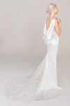 Mermaid Sleeveless Satin Bateau Neck Open-Back Applique Beaded Wedding Dress with a Court Train