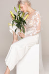 Beaded Applique Tea Length Tulle Bateau Neck Long Sleeves Wedding Dress