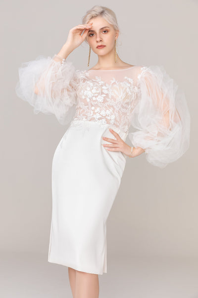 Above the Knee Long Sleeves Bateau Neck Tulle Button Closure Beaded Applique Sheath Sheath Dress/Wedding Dress