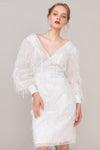 V-neck Short Long Sleeves Sheath Lace Sequined Beaded Sheath Dress/Wedding Dress With a Sash