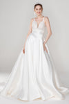 A-line V-neck Sleeveless Applique Open-Back Wedding Dress with a Court Train