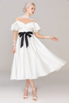 A-line Beaded Applique High-Neck Tea Length Long Sleeves Wedding Dress With a Sash