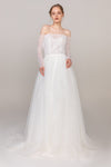 A-line Lace Beaded Button Closure Applique Long Sleeves Off the Shoulder Wedding Dress with a Court Train With a Sash