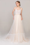 A-line Strapless Sleeveless Corset Waistline Beaded Applique Lace-Up Wedding Dress with a Court Train