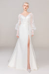 V-neck Mermaid Applique Long Sleeves Wedding Dress with a Brush/Sweep Train With a Sash