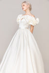 A-line Corset Waistline Satin Off the Shoulder Sleeveless Lace-Up Wedding Dress with a Court Train With a Sash