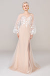 V-neck Tulle Long Sleeves Mermaid Applique Wedding Dress with a Court Train