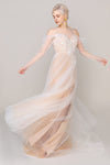 A-line V-neck Applique Long Sleeves Tulle Wedding Dress with a Brush/Sweep Train