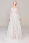 A-line Applique Long Sleeves Off the Shoulder Wedding Dress with a Court Train With a Sash