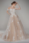 A-line Tulle Off the Shoulder Applique Beaded Wedding Dress with a Court Train With a Bow(s)