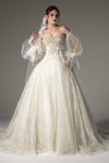 A-line Beaded Lace-Up Applique Tulle Corset Waistline Wedding Dress with a Chapel Train