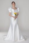 V-neck Puff Sleeves Sleeves Button Closure Wedding Dress with a Court Train With a Bow(s)