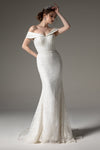 Applique Sequined Ruched Mermaid Short Sleeves Sleeves Off the Shoulder Wedding Dress with a Court Train