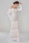 Applique Long Sleeves Off the Shoulder Lace Mermaid Wedding Dress with a Court Train