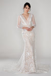 V-neck Long Sleeves Beaded Applique Mermaid Lace Wedding Dress with a Court Train