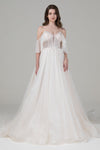 A-line Beaded Lace-Up Spaghetti Strap Tulle Corset Waistline Wedding Dress with a Chapel Train With a Bow(s) and Ruffles