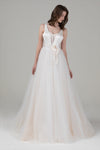 A-line Corset Waistline Flower(s) Lace-Up Beaded Full-Skirt Sleeveless Wedding Dress with a Court Train