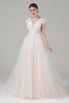 A-line Corset Waistline Beaded Lace-Up Cap Sleeves Wedding Dress with a Court Train