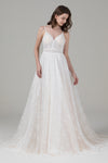 A-line V-neck Lace Plunging Neck Applique Fitted Spaghetti Strap Wedding Dress with a Court Train