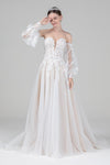 A-line Beaded Applique Tulle Sweetheart Bell Sleeves Wedding Dress with a Court Train