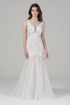 V-neck Applique Beaded Sleeveless Mermaid Wedding Dress with a Court Train