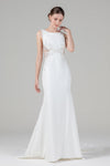 Beaded Applique Button Closure Bateau Neck Mermaid Sleeveless Wedding Dress with a Court Train