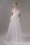 A-line Floor Length Applique Off the Shoulder Wedding Dress with a Court Train