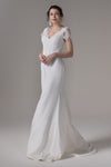 V-neck Keyhole Cap Sleeves Lace Wedding Dress with a Brush/Sweep Train