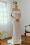 Strapless Beaded Applique Satin Cap Sleeves Sheath Sheath Dress/Wedding Dress with a Brush/Sweep Train