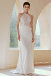 Mermaid Sleeveless Satin Applique Halter Wedding Dress with a Brush/Sweep Train