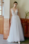 A-line V-neck Sleeveless Applique Beaded Wedding Dress with a Brush/Sweep Train