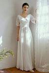 V-neck Floor Length Sheath Elbow Length Sleeves Ruched Sheath Dress/Wedding Dress