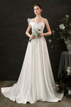 A-line V-neck Satin Sleeveless Applique Wedding Dress with a Court Train