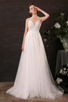 A-line V-neck Sleeveless Applique Wedding Dress with a Brush/Sweep Train