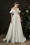 A-line Satin Short Sleeves Sleeves Off the Shoulder Wedding Dress with a Court Train