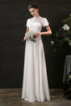 Satin Short Sleeves Sleeves Sheath Floor Length High-Neck Sheath Dress/Wedding Dress