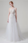 A-line Sleeveless Applique Button Closure Wedding Dress with a Brush/Sweep Train