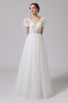 A-line V-neck Floor Length Applique Short Sleeves Sleeves Wedding Dress