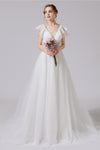 A-line V-neck Short Sleeves Sleeves Applique Wedding Dress with a Brush/Sweep Train
